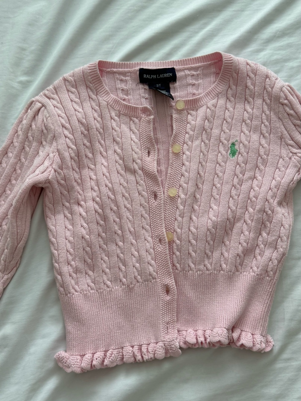 Ralph Lauren Light Pink Cable Knit Ruffle Hem Cardigan